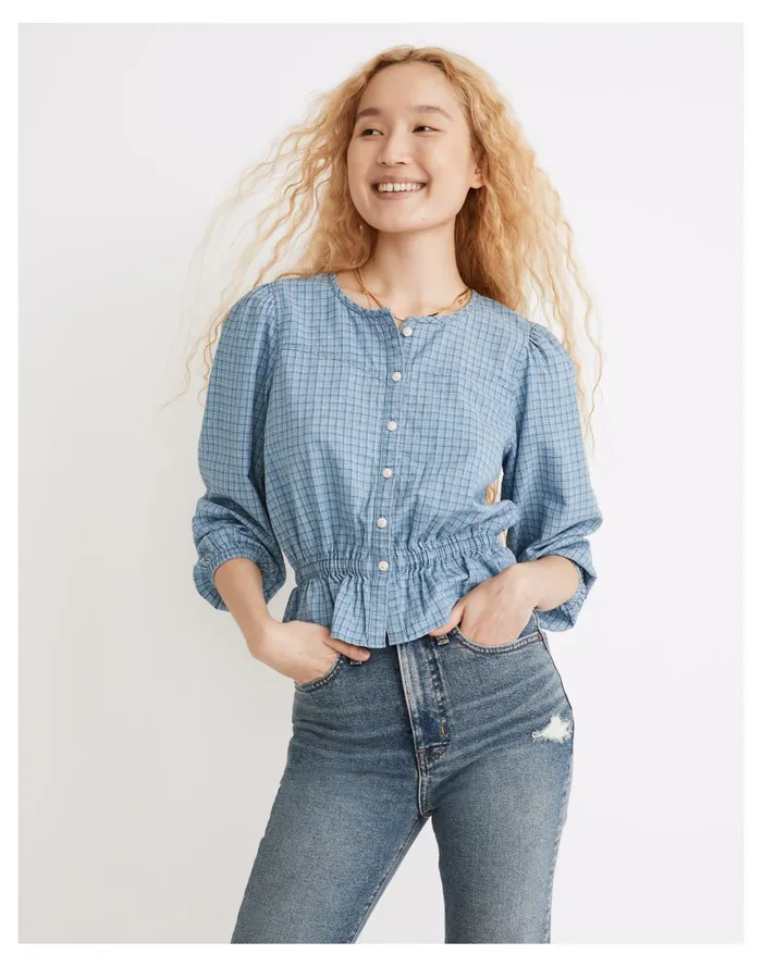 Women Chambray Puff Sleeve Peplum Top In Windowpane Thea Windowpane Madewell Tops and Shirts Women Chambray Puff Sleeve Peplum Top In Windowpane Thea Windowpane Madewell Tops and Shirts