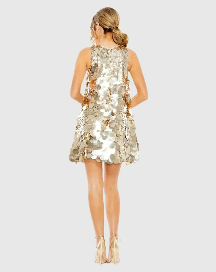 Women Cocktail Dresses Mac Duggal Sleeveless Disc Sequin Trapeze Dress Silver