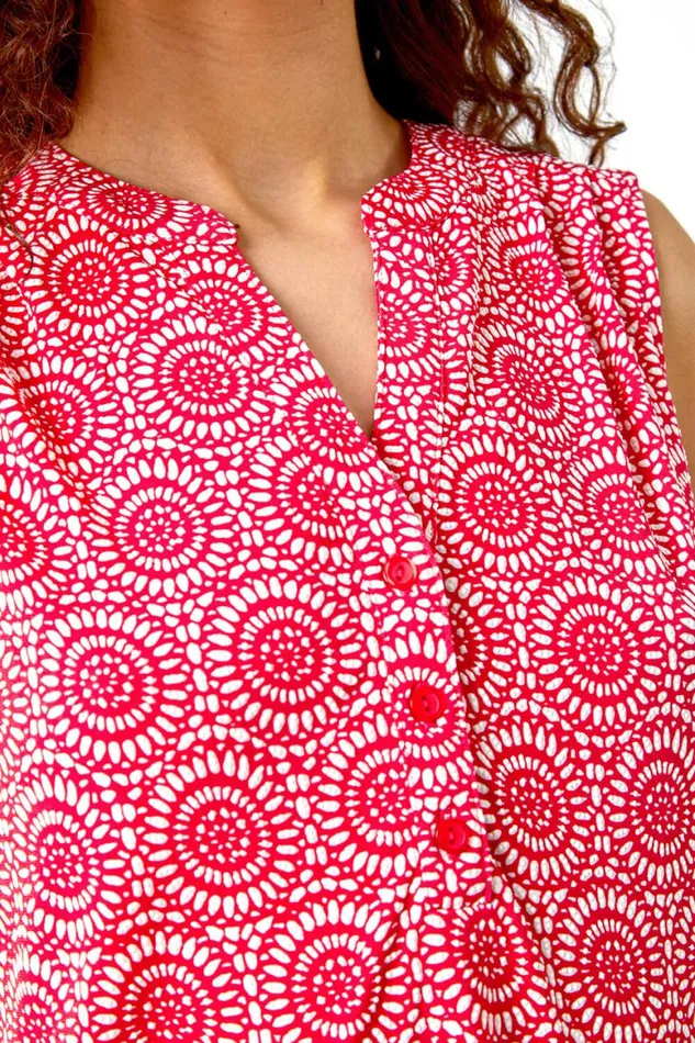 Women Coral Mosaic Print Stretch Jersey Top Roman Tops