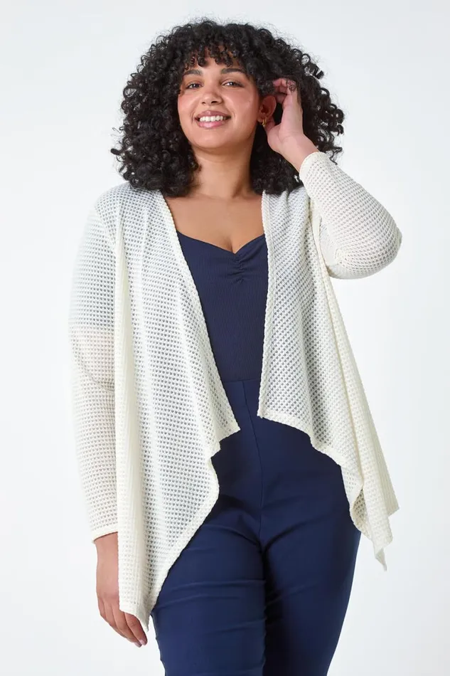 Women Cream Curve Textured Waterfall Cardigan Roman Tops