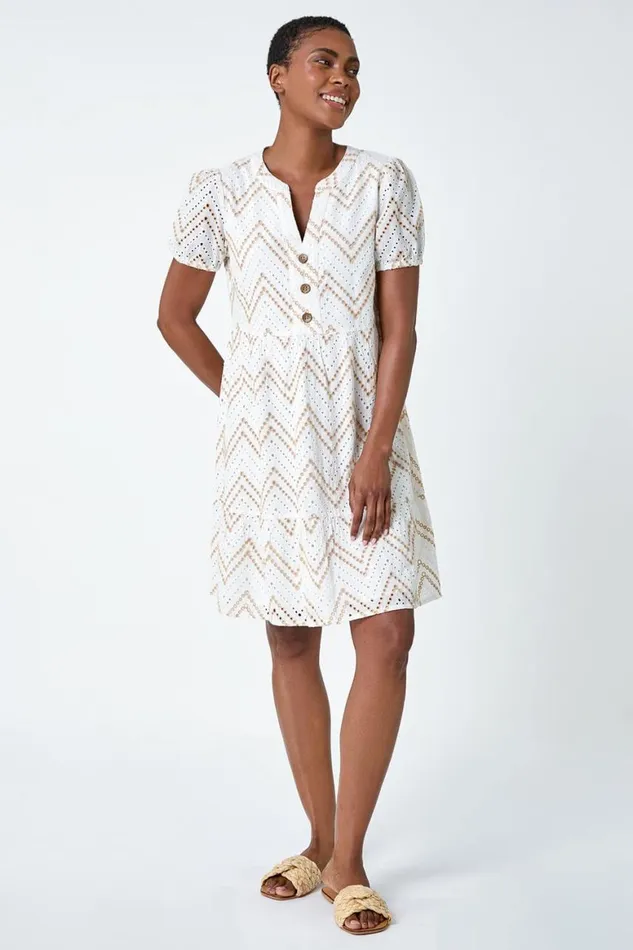 Women Cream ZigZag Embroidered Cotton Tunic Dress Roman Dresses