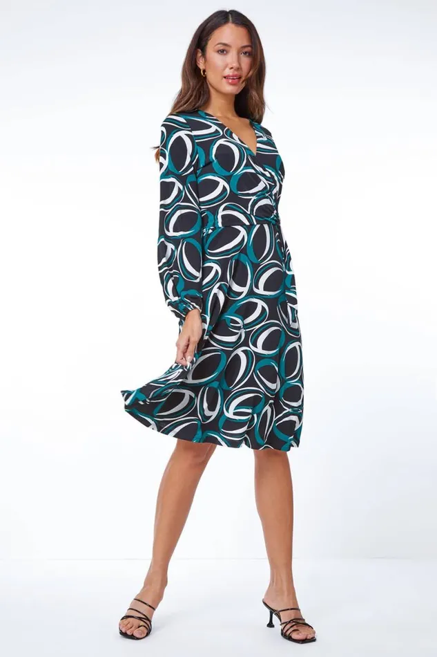 Women Dark Green Abstract Wrap Ring Detail Dress Roman Dresses