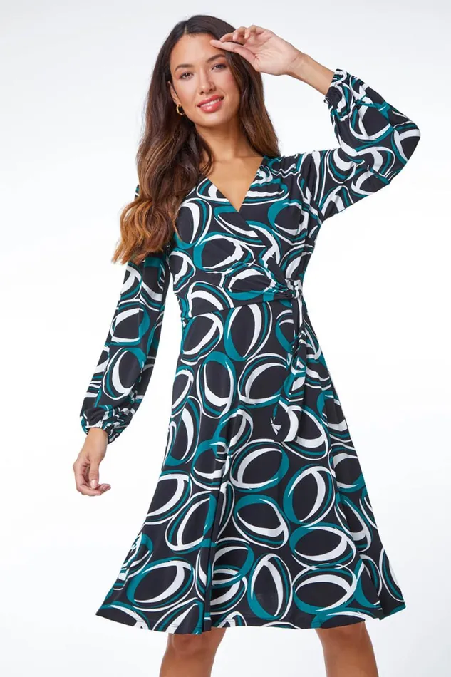 Women Dark Green Abstract Wrap Ring Detail Dress Roman Dresses