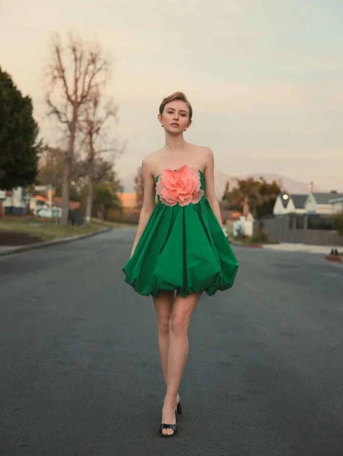 Women Daytime Dresses Mac Duggal Green Strapless Faille Mini Dress With 3D Flower Spring Green