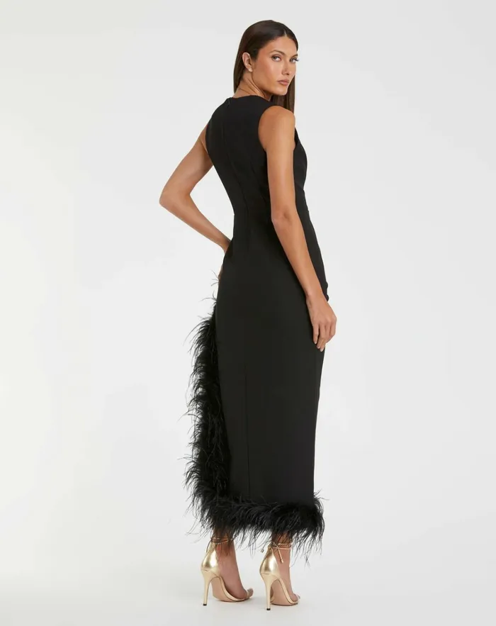 Women Daytime Dresses Mac Duggal Sleeveless Faux Wrap Dress With Feather Detail Black Women Daytime Dresses Mac Duggal Sleeveless Faux Wrap Dress With Feather Detail Black