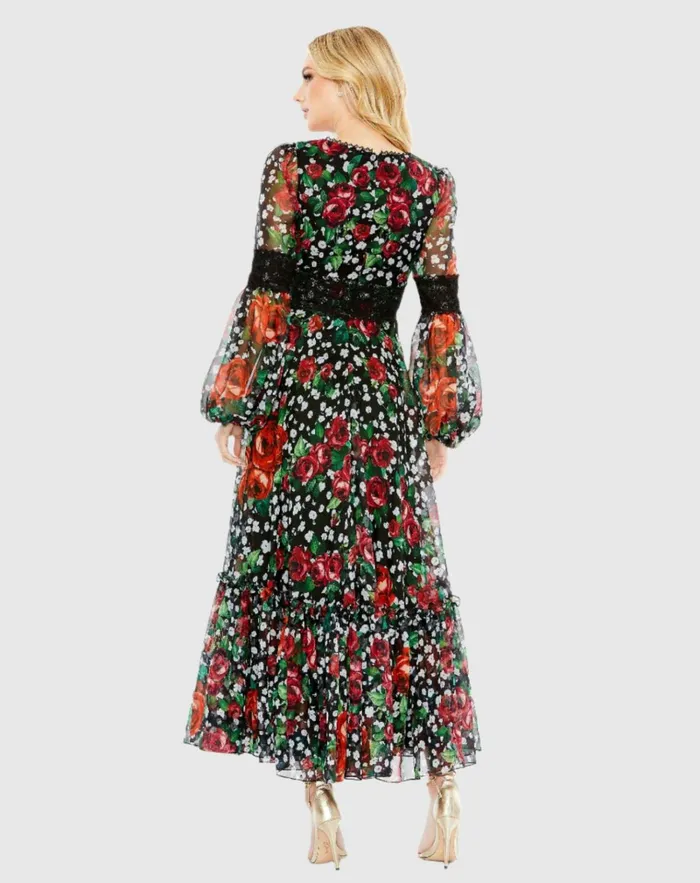 Women Daytime Dresses Mac Duggal Vneck Floral Long Puff Sleeve Ruffle Dress 8211 FINAL SALE Black Multi Women Daytime Dresses Mac Duggal Vneck Floral Long Puff Sleeve Ruffle Dress 8211 FINAL SALE Black Multi
