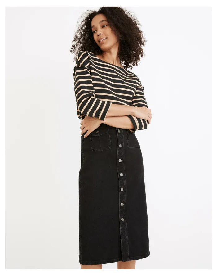 Women Denim Button Front Flap Pocket Midi Skirt In Lunar Wash Lunar Wash Madewell Skirts