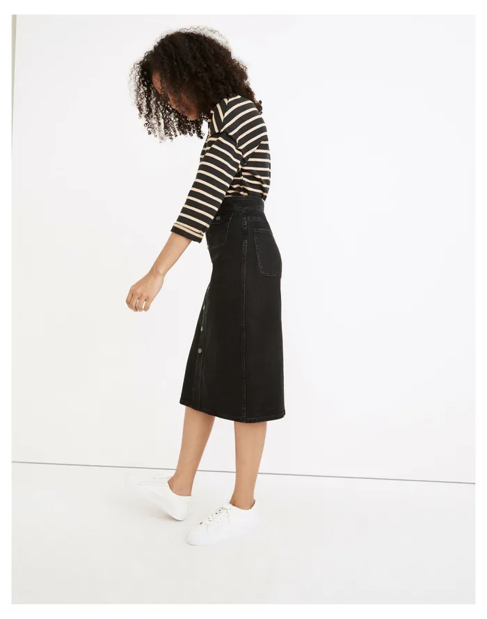 Women Denim Button Front Flap Pocket Midi Skirt In Lunar Wash Lunar Wash Madewell Skirts
