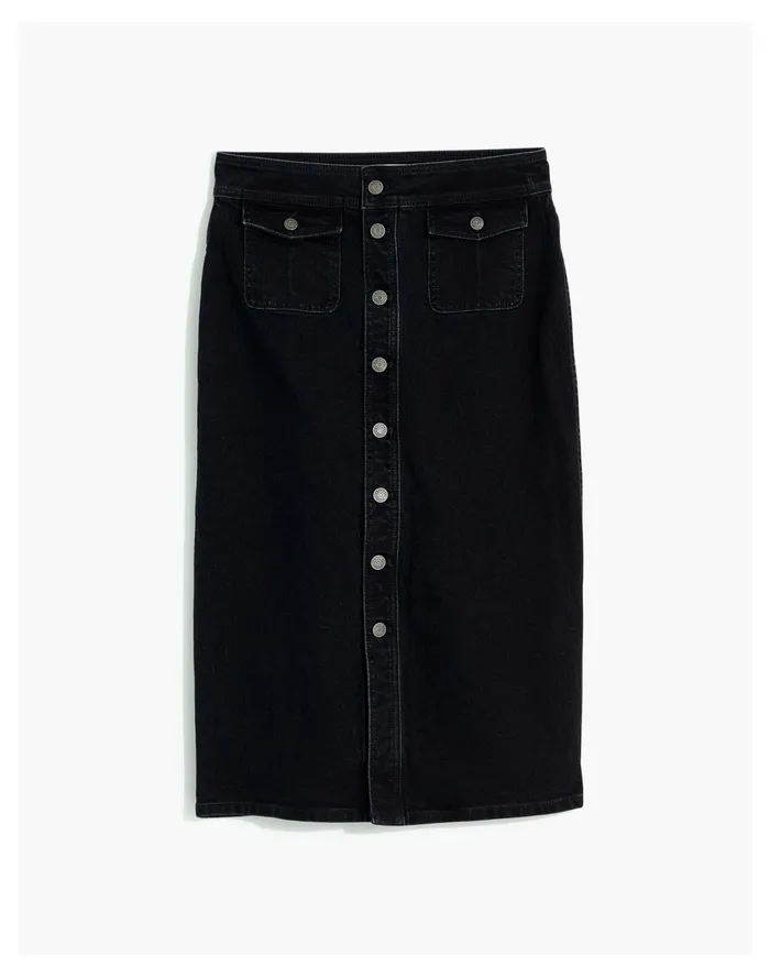 Women Denim Button Front Flap Pocket Midi Skirt In Lunar Wash Lunar Wash Madewell Skirts