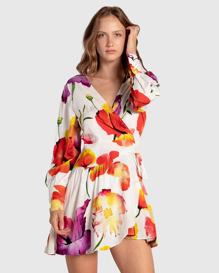 Women Dresses Belle and Bloom The Dancer Longsleeve Mini Wrap Dress 8211 Wild Poppies