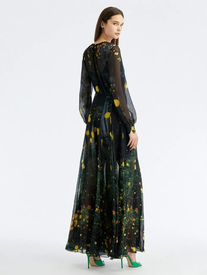 Women Dresses Oscar De La Renta Firefly Satin Chiffon Maxi Dress Midnight Multi Women Dresses Oscar De La Renta Firefly Satin Chiffon Maxi Dress Midnight Multi