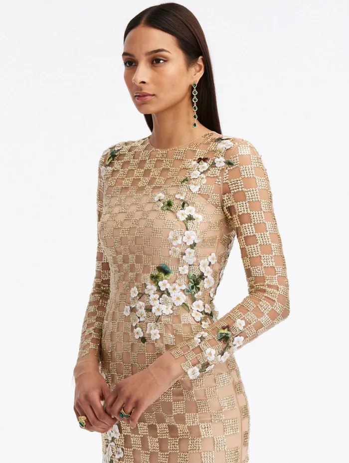 Women Dresses Oscar De La Renta Grid and Floral Threadwork Mini Dress Gold