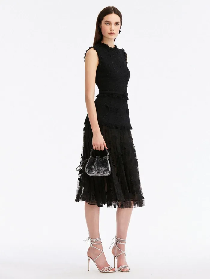 Women Dresses Oscar De La Renta Ribbon Tweed and Velvet Guipure Dress Black