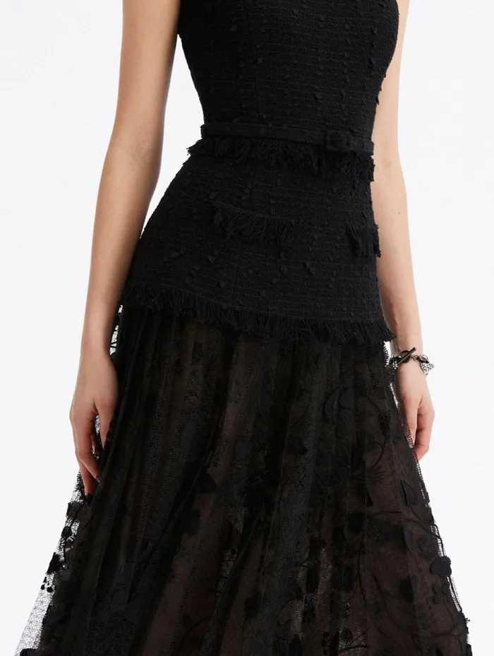 Women Dresses Oscar De La Renta Ribbon Tweed and Velvet Guipure Dress Black