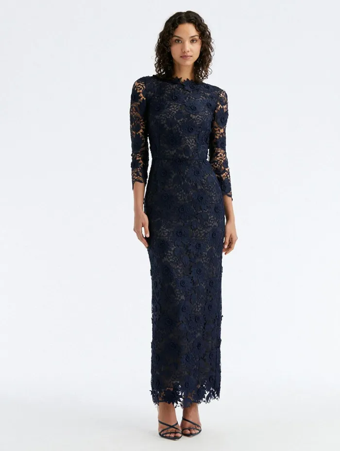 Women Dresses Oscar De La Renta Water Lily Guipure Tea Length Dress Navy