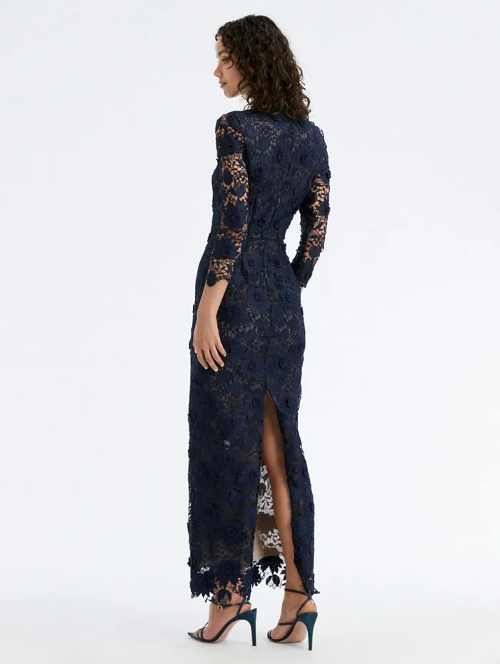 Women Dresses Oscar De La Renta Water Lily Guipure Tea Length Dress Navy