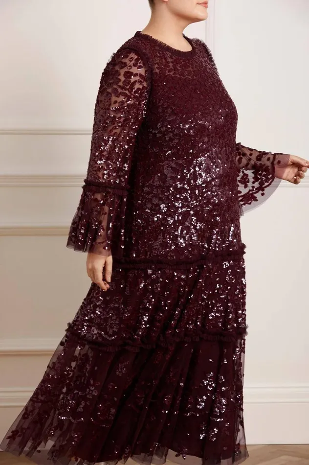 Women Embellished Dresses Needle and Thread Annie Sequin Tiered Ankle Gown Burgundy