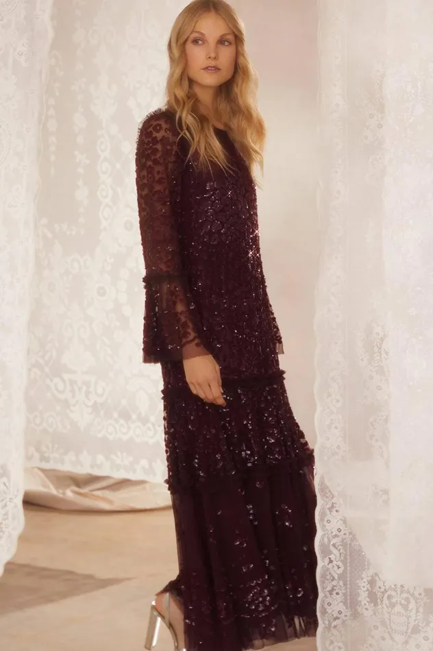Women Embellished Dresses Needle and Thread Annie Sequin Tiered Ankle Gown Burgundy