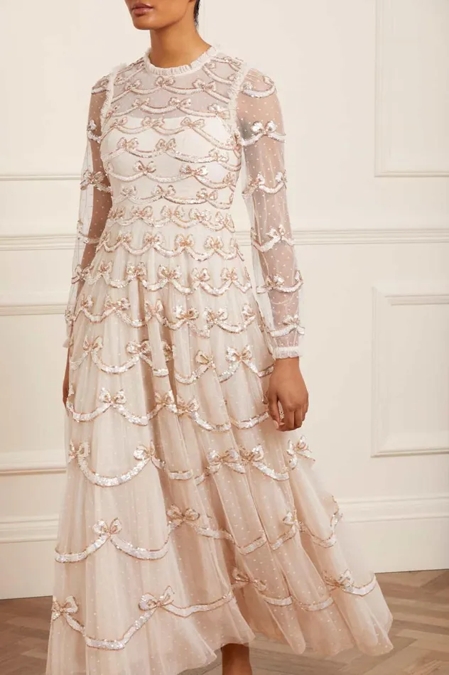 Women Embellished Dresses Needle and Thread Bow Sequin Long Sleeve Gown Champagne