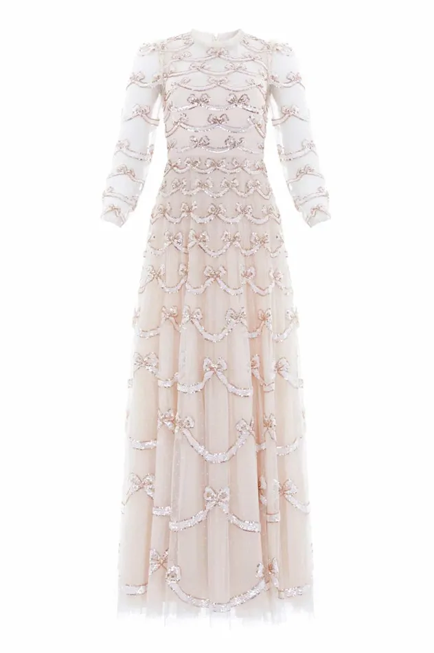 Women Embellished Dresses Needle and Thread Bow Sequin Long Sleeve Gown Champagne Women Embellished Dresses Needle and Thread Bow Sequin Long Sleeve Gown Champagne