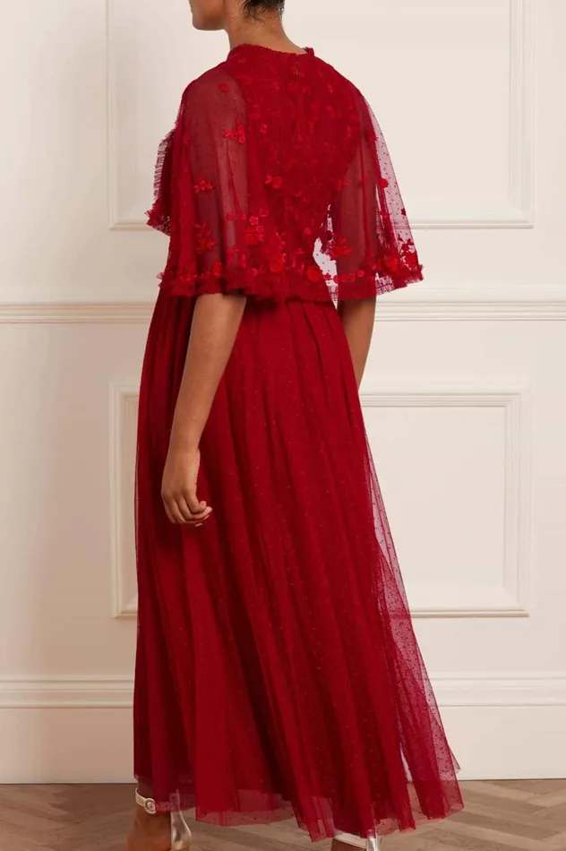 Women Embroidered Dresses Needle and Thread Bonnie Bow Bodice Ankle Gown Red