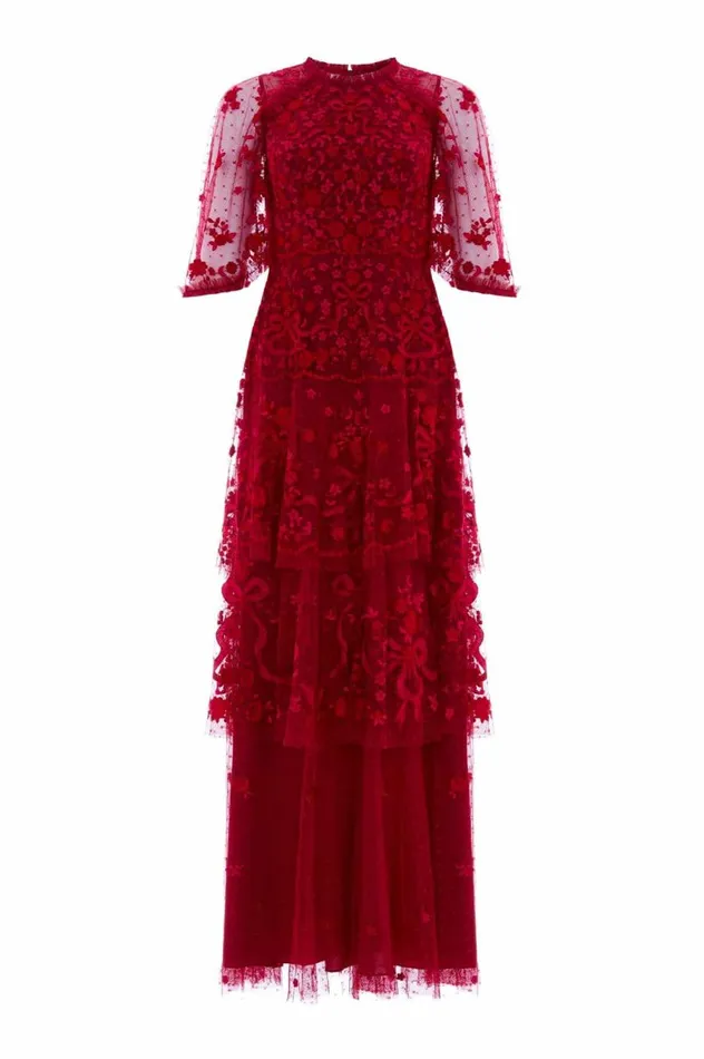 Women Embroidered Dresses Needle and Thread Bonnie Bow Gown Red