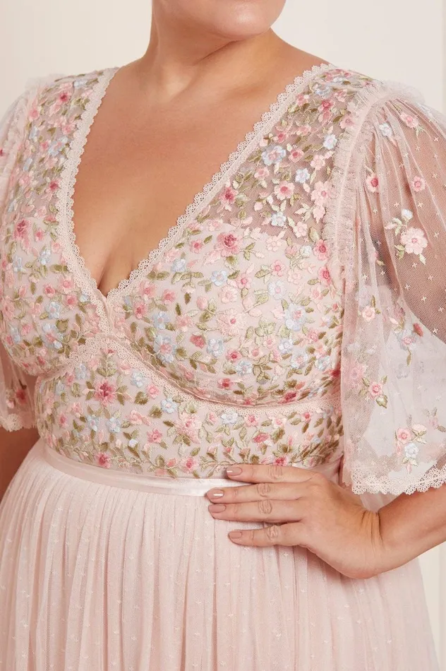 Women Embroidered Dresses Needle and Thread Ribbon Bouquet Bodice Ankle Gown Pink