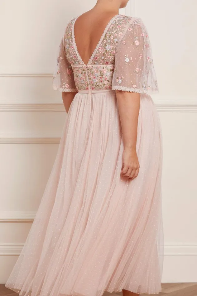 Women Embroidered Dresses Needle and Thread Ribbon Bouquet Bodice Ankle Gown Pink