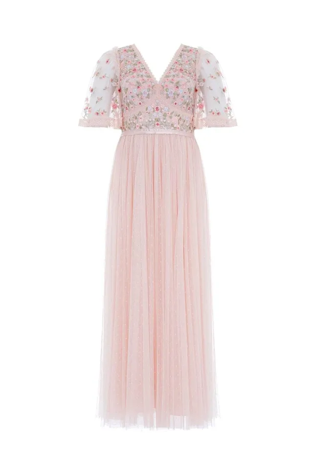 Women Embroidered Dresses Needle and Thread Ribbon Bouquet Bodice Ankle Gown Pink