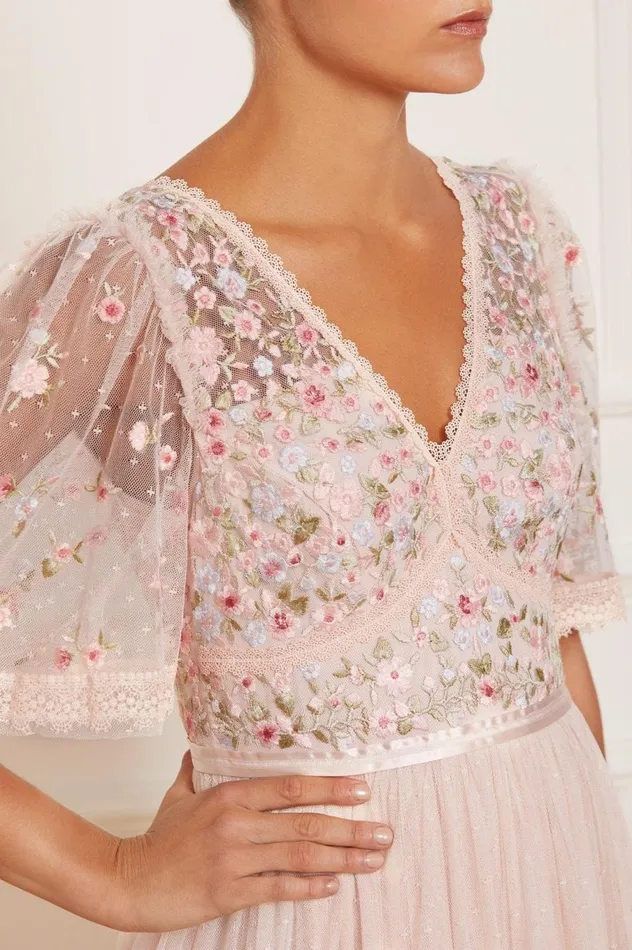 Women Embroidered Dresses Needle and Thread Ribbon Bouquet Bodice Ankle Gown Pink