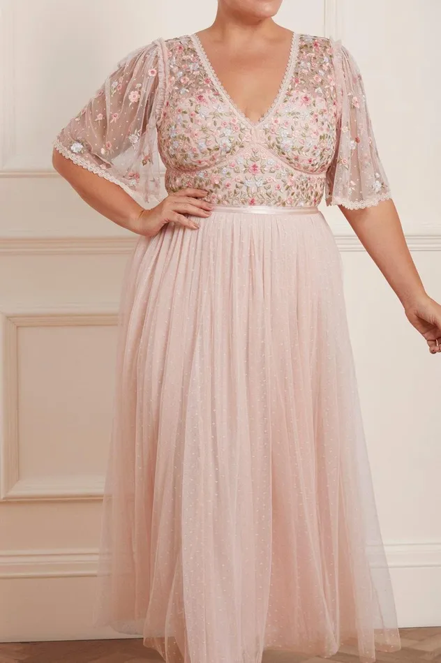 Women Embroidered Dresses Needle and Thread Ribbon Bouquet Bodice Ankle Gown Pink