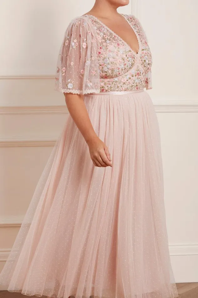 Women Embroidered Dresses Needle and Thread Ribbon Bouquet Bodice Ankle Gown Pink