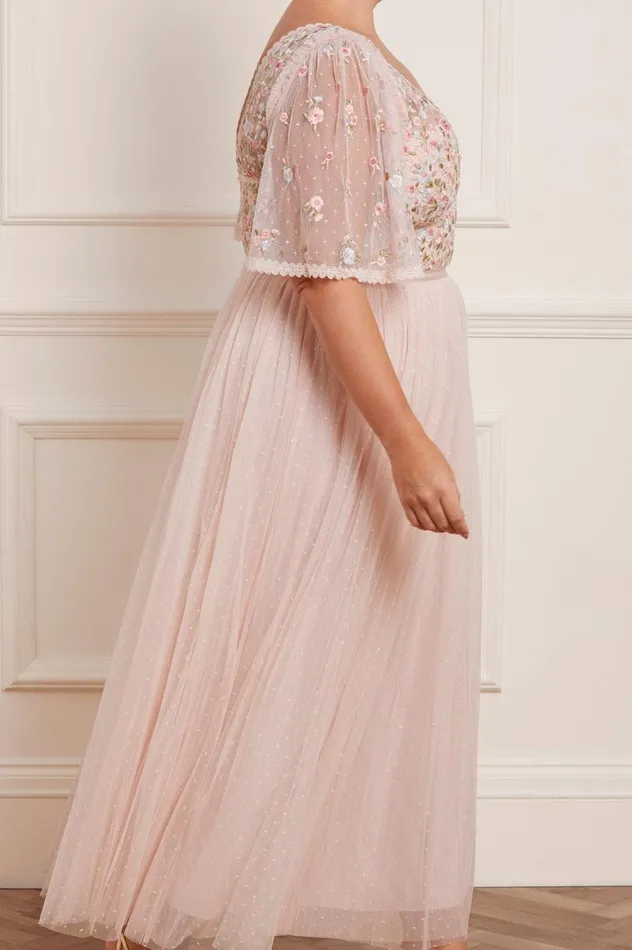 Women Embroidered Dresses Needle and Thread Ribbon Bouquet Bodice Ankle Gown Pink