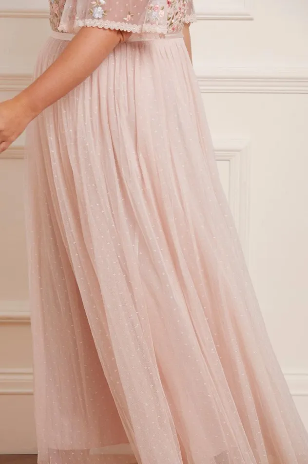Women Embroidered Dresses Needle and Thread Ribbon Bouquet Bodice Ankle Gown Pink
