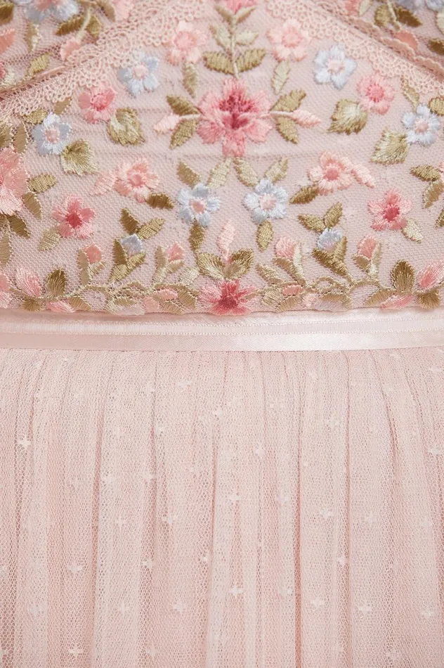 Women Embroidered Dresses Needle and Thread Ribbon Bouquet Bodice Ankle Gown Pink