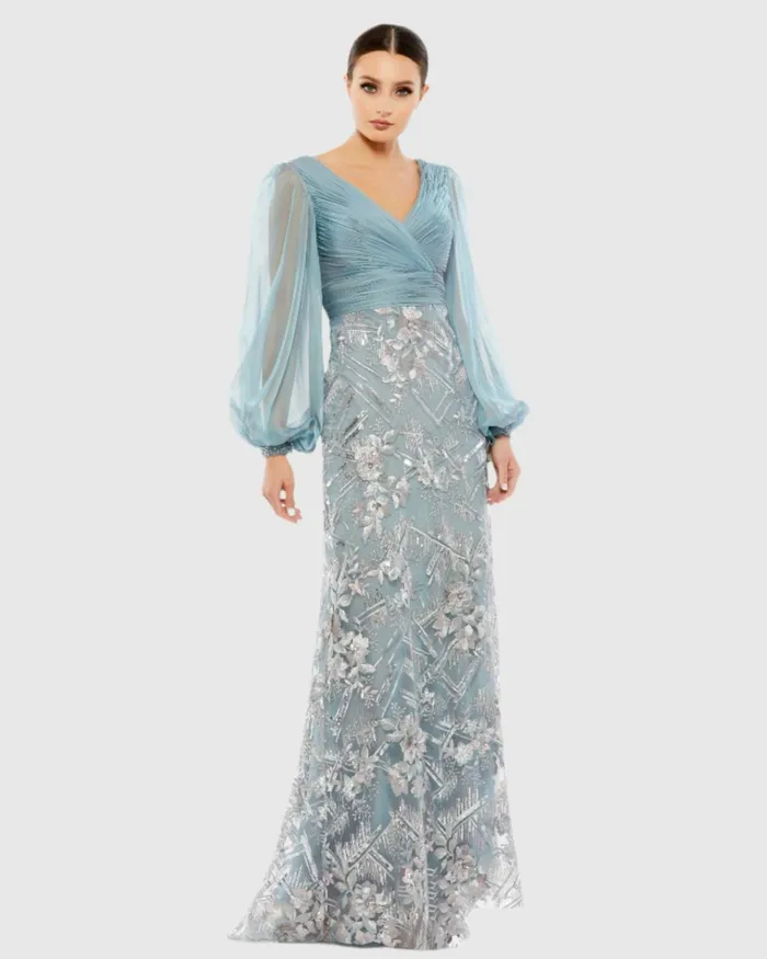 Women Evening Gowns Mac Duggal Illusion Puff Sleeve Pleated Bodice Embellished Gown Slate Blue Women Evening Gowns Mac Duggal Illusion Puff Sleeve Pleated Bodice Embellished Gown Slate Blue