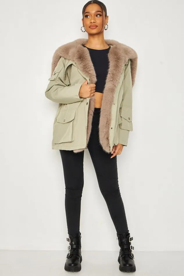 Women Faux Fur Lined Parka Jacket With Faux Fur Collar In Green Green Brentiny Paris Parkas And Down Jackets Women Faux Fur Lined Parka Jacket With Faux Fur Collar In Green Green Brentiny Paris Parkas And Down Jackets