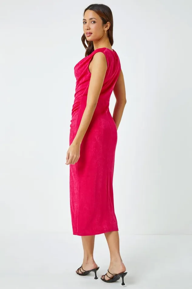 Women Fuchsia Cowl Neck Ruched Midi Dress Roman Dresses