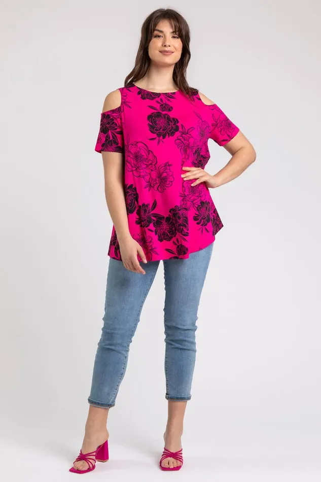Women Fuchsia Curve Floral Print Cold Shoulder Jersey Top Roman Tops