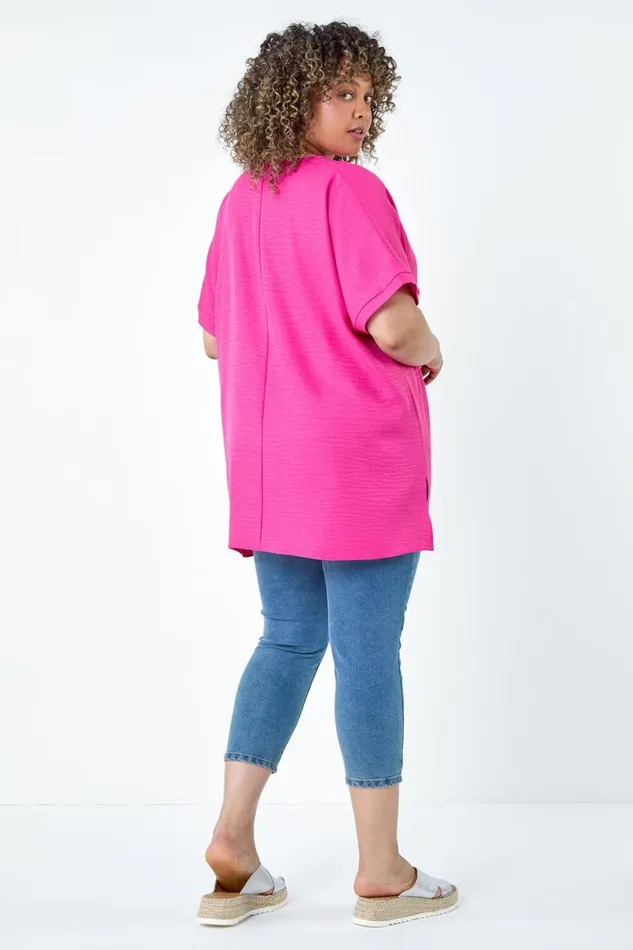 Women Fuchsia Curve Linen Look VNeck Longline Top Roman Tops