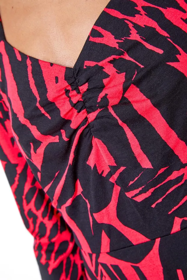 Women Fushcia Abstract Animal Print Ruched Midi Dress Roman Dresses