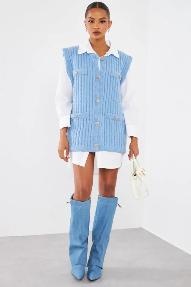 Women Gilet Bleu Sans Manches En Maille Blue Brentiny Paris Cardigans