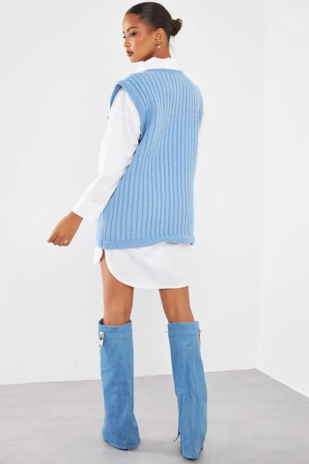 Women Gilet Bleu Sans Manches En Maille Blue Brentiny Paris Cardigans