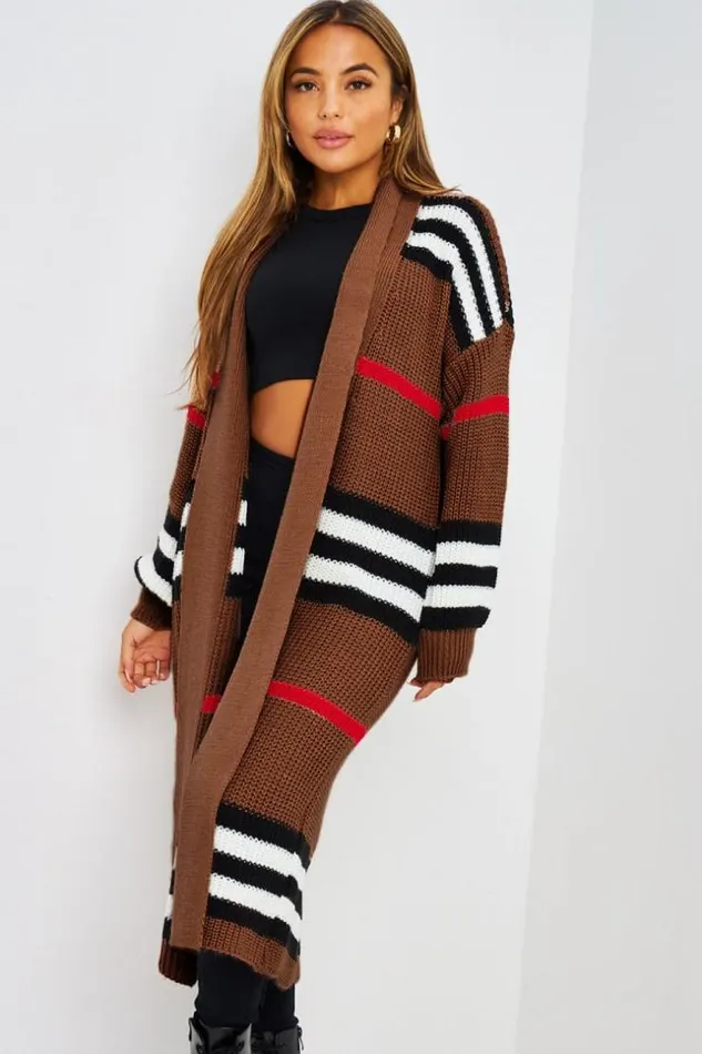 Women Gilet Long Marron En Mailles Bandes Brown Brentiny Paris Cardigans