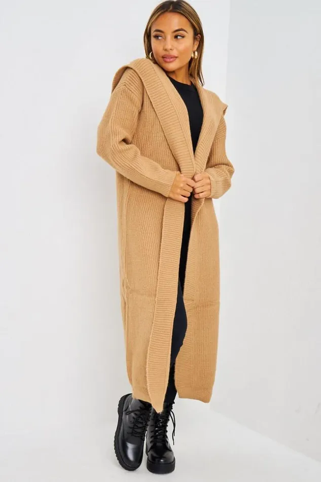 Women Gilet Long Ouvert Camel En Mailles Camel Brentiny Paris Cardigans