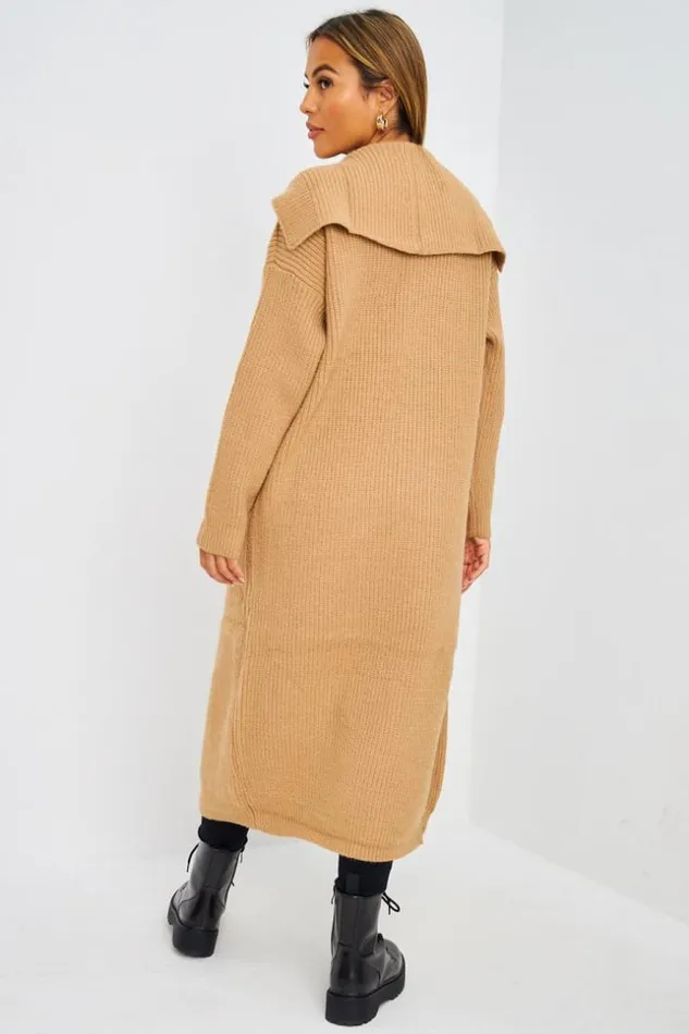 Women Gilet Long Ouvert Camel En Mailles Camel Brentiny Paris Cardigans