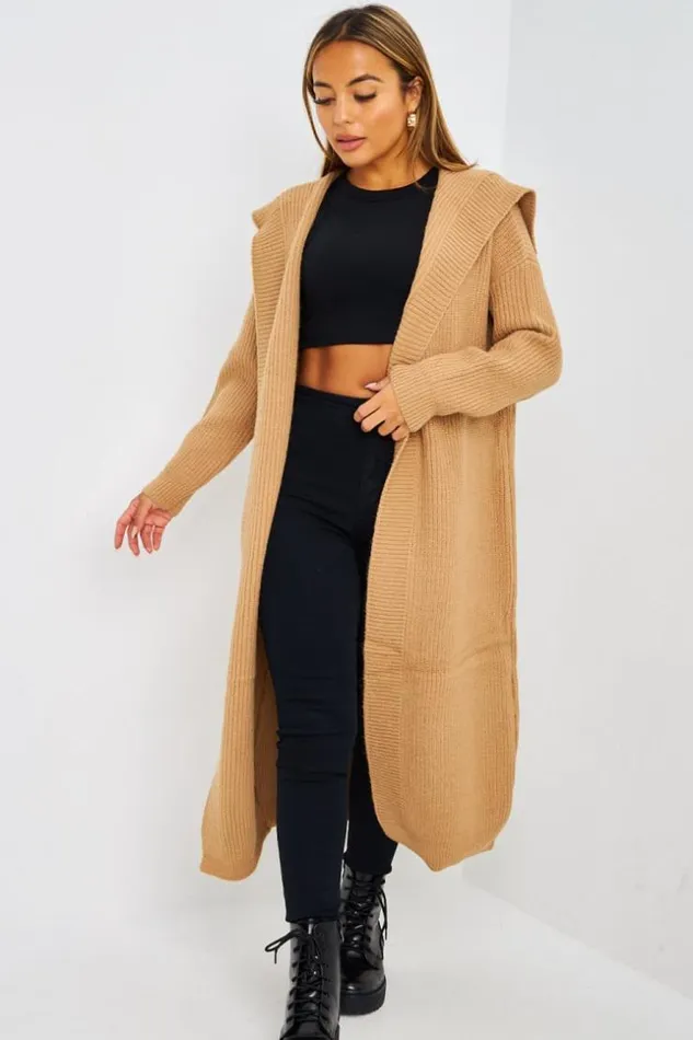 Women Gilet Long Ouvert Camel En Mailles Camel Brentiny Paris Cardigans