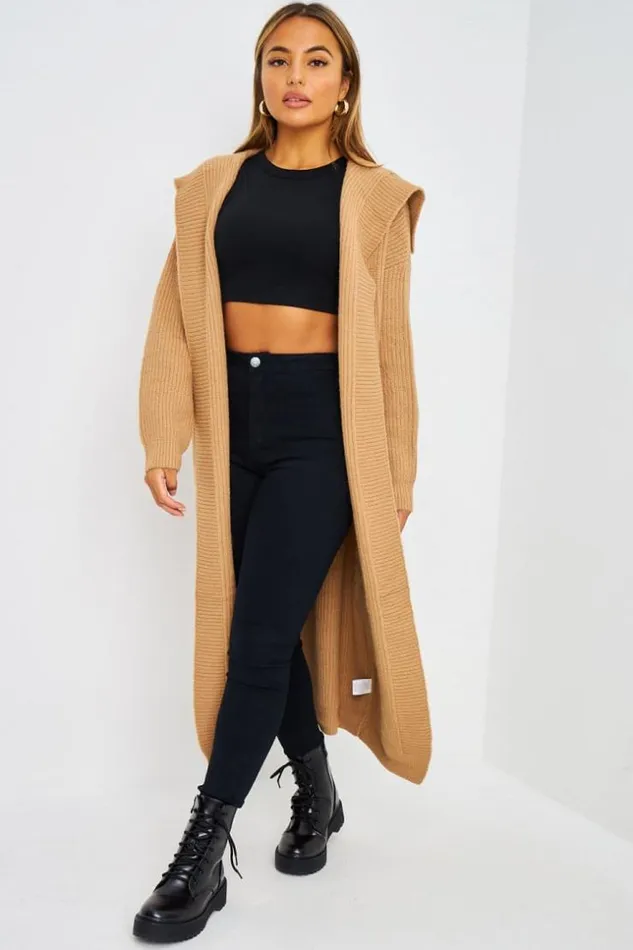 Women Gilet Long Ouvert Camel En Mailles Camel Brentiny Paris Cardigans