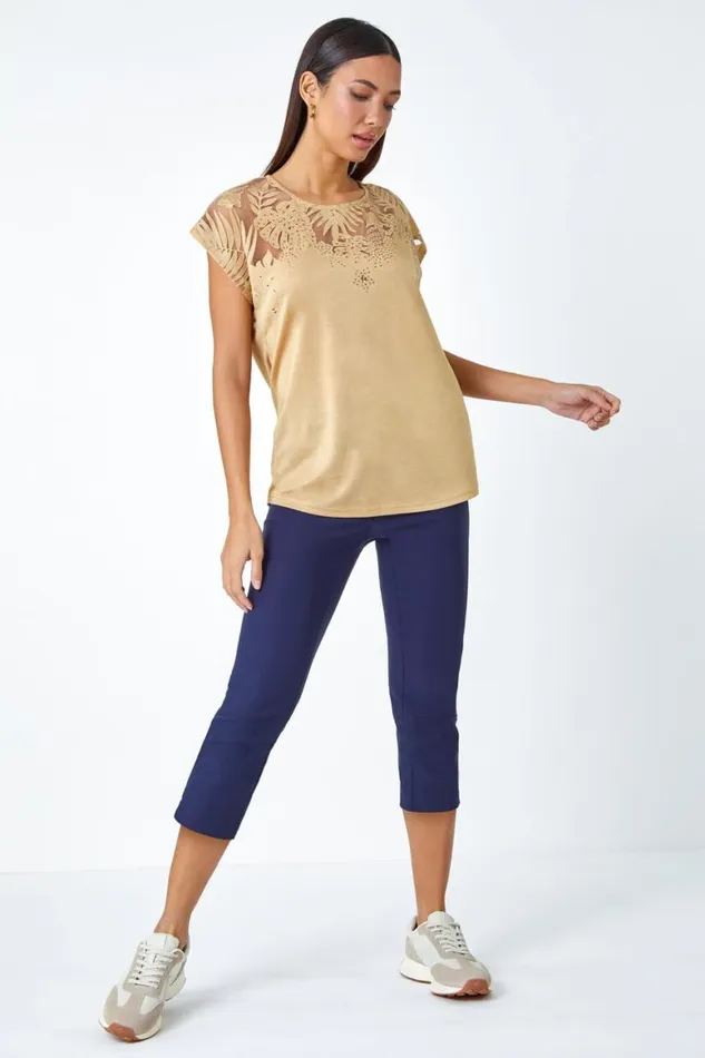 Women Gold Embellished Palm Print Cut Out TShirt Roman Tops