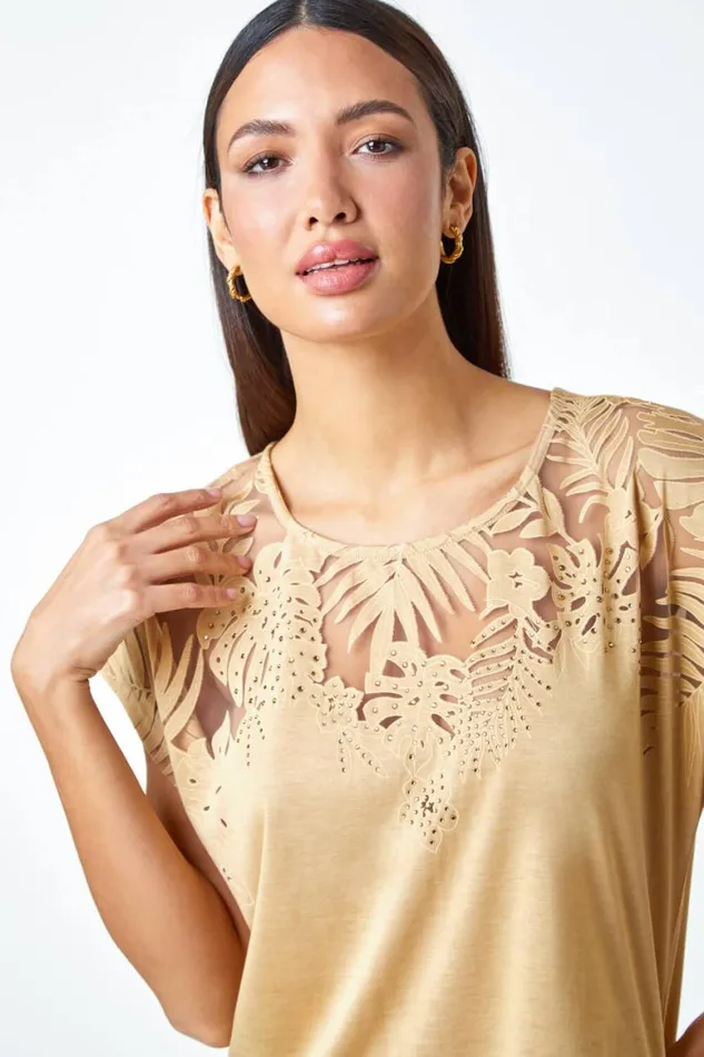 Women Gold Embellished Palm Print Cut Out TShirt Roman Tops